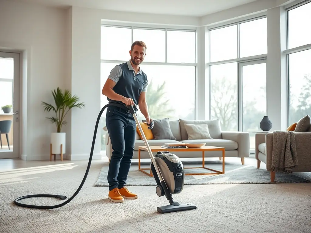 A brightly lit living room with a DustbustersPro cleaner vacuuming the carpet, showcasing attention to detail and a spotless finish.