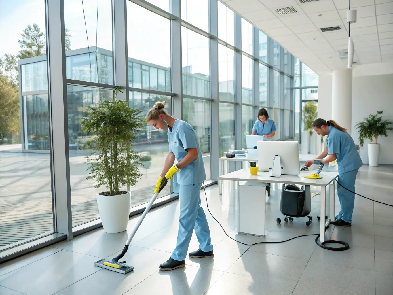 A modern office space with DustbustersPro cleaners sanitizing desks and equipment, emphasizing a clean and productive work environment.